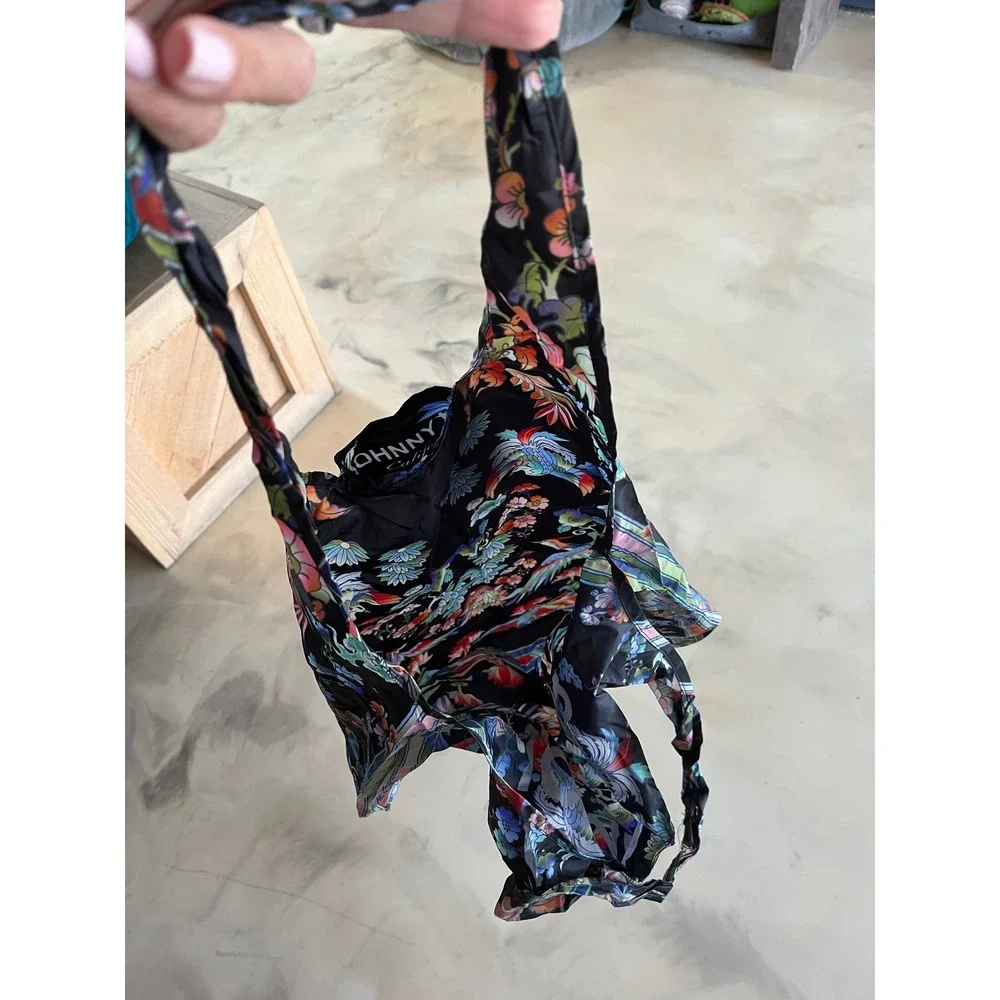 Johnny Was Packable Tote Bag Tropical Bird Floral Print Foldable Shopper Black